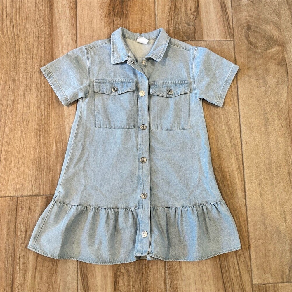 Zara Shirt Dress Girls Size 7 Blue Light Wash Denim Button Front Knee